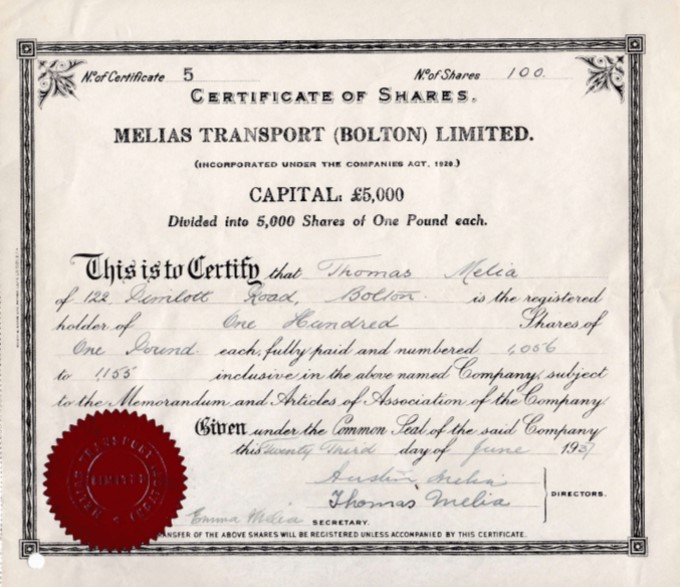 1937 Melias Transport (Bolton) Ltd Share Certificate 5 to Thomas Melia