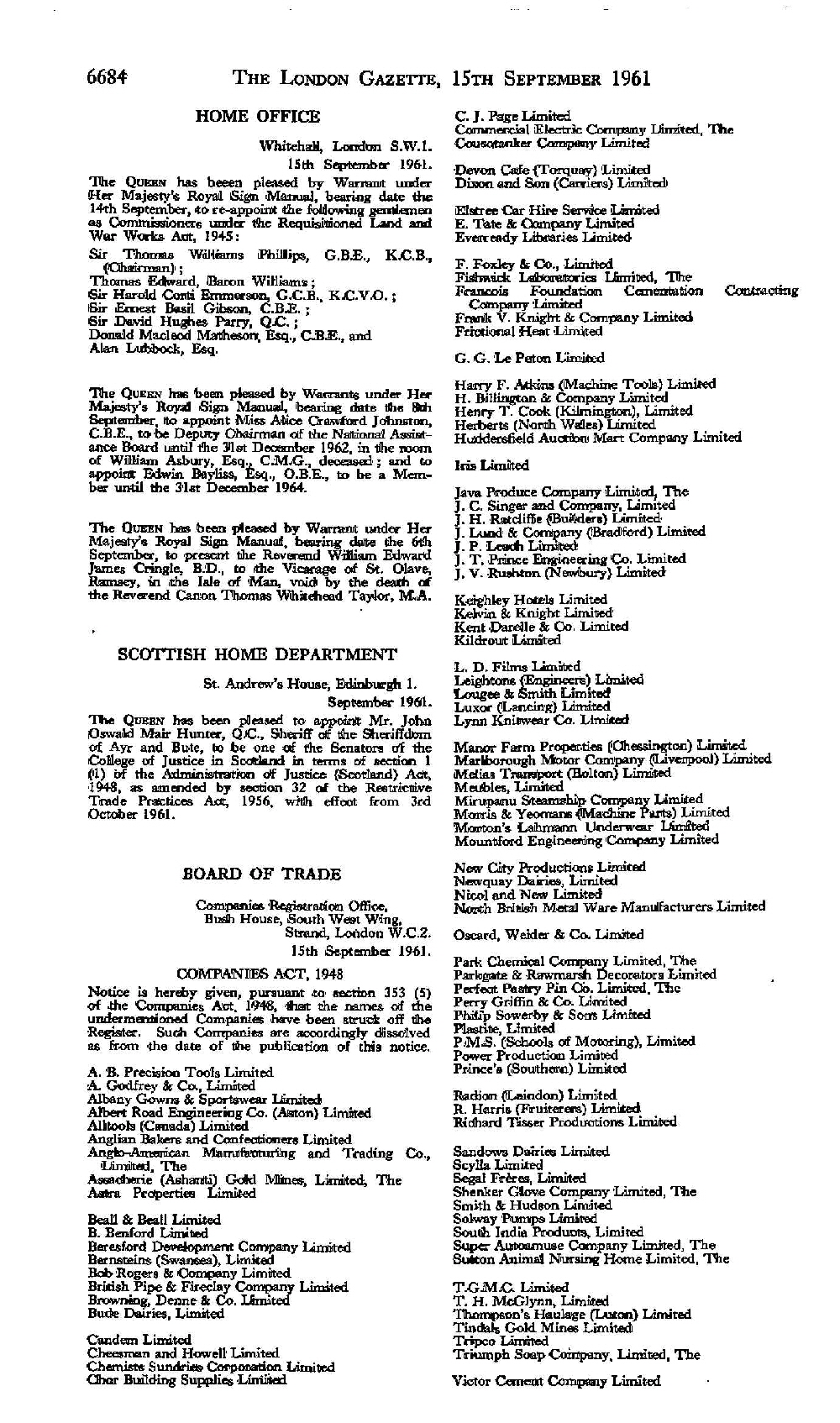 London Gazette Melias Transport Bolton Ltd Sept 15th 1961