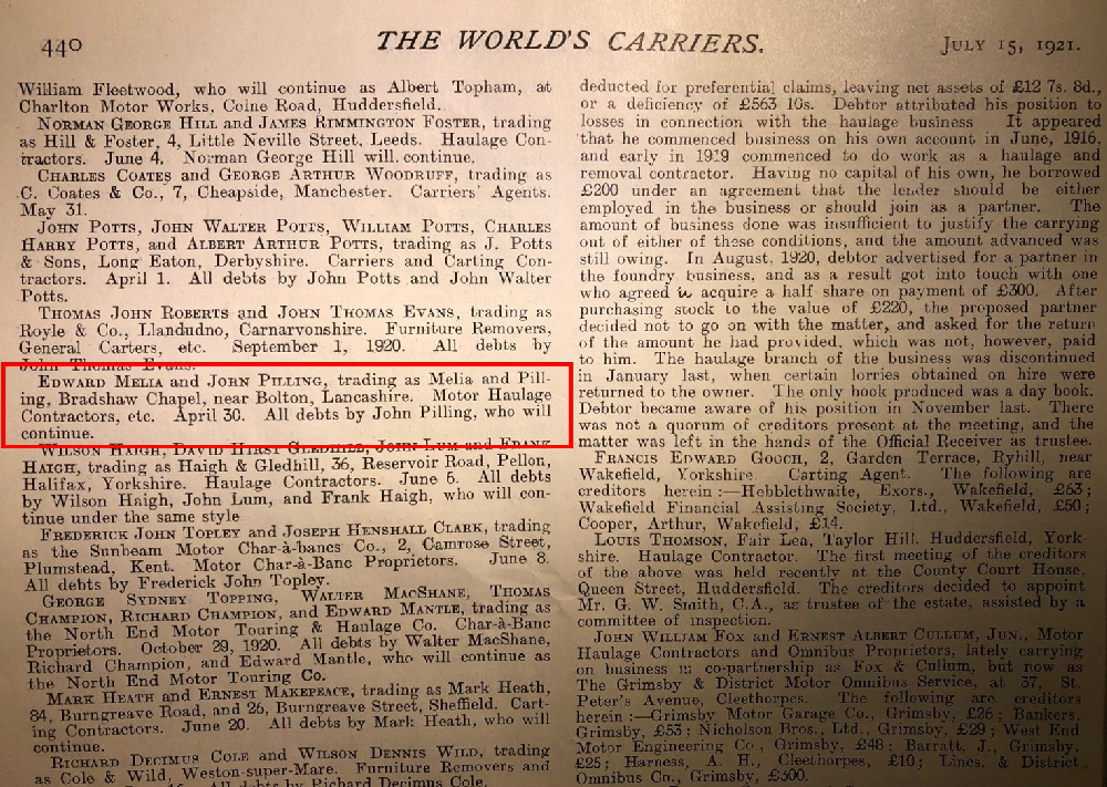 The World's Carriers Magazine July 15th 1921 page 440 Melia & Pilling